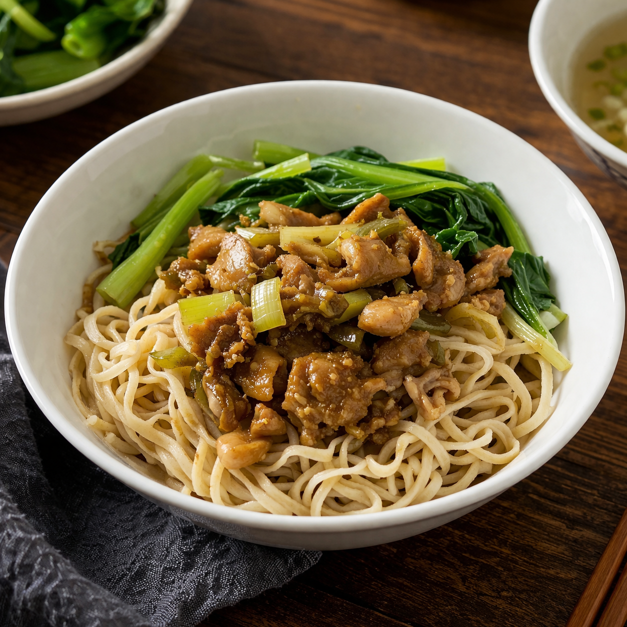 Mie Ayam Biasa dengan topping ayam dan sayuran segar